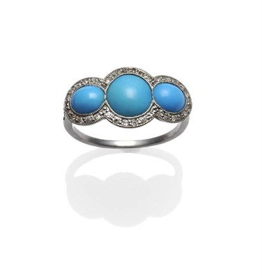 Lot 453 - A Turquoise and Diamond Triple Cluster Ring, circa 1930, the three graduated cabochon turquoise...