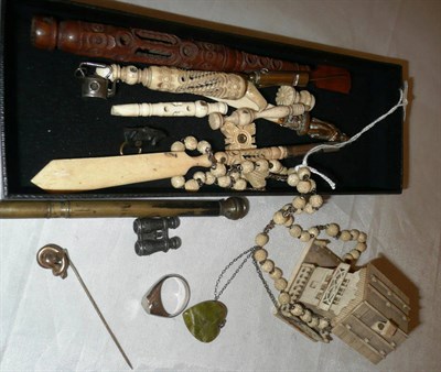 Lot 336 - Quantity of assorted bone and ivory pieces, Stanhope viewers (a.f.), Rosery beads, binoculars,...