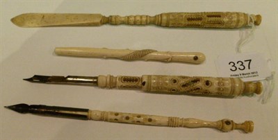 Lot 337 - A carved souvenir letter opener, a carved pen, a carved ivory Stanhope viewer of York Minster and a