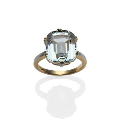 Lot 454 - An Aquamarine Ring, the cushion shaped mixed cut aquamarine in a white fronted claw setting, to...