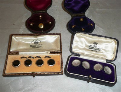 Lot 341 - Set of 19ct gold dress studs and three other sets of studs/cufflinks, all in fitted leather cases