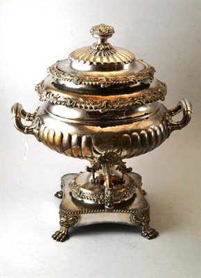 Lot 457 - A Silver Plated on Copper Samovar and Cover, 19th century, the compressed circular reeded body with