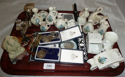 Lot 386 - Tray including souvenir china, Canadian dollar coin in presentation case, two cased medallions...