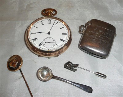 Lot 393 - A gold plated pocket watch, a silver vesta case, a Rolls Royce stick pin, a mustard spoon and a...