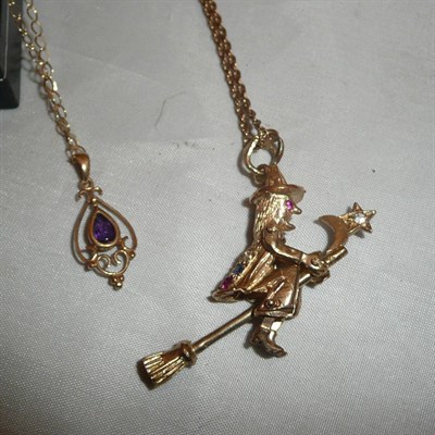 Lot 396 - A 9ct gold fine chain with gem set witch pendant, a Rene Mackintosh style pendant and chain