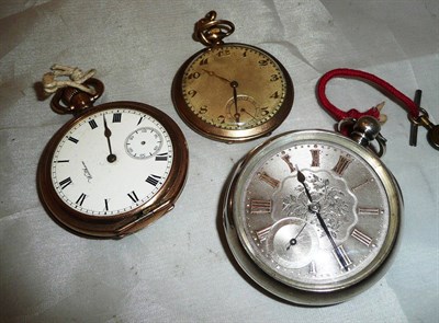 Lot 397 - A silver pocket watch, gold plated pocket watch and a 9ct gold pocket watch