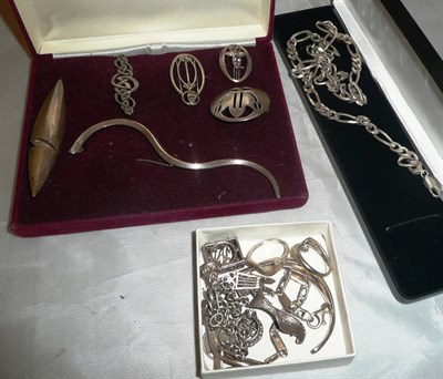 Lot 407 - A quantity of silver and other jewellery including Mackintosh brooches, charm bracelet, chains etc