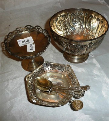 Lot 408 - A silver bowl inscribed 'First prize open jumping', pedestal bowl and bonbon dish and silver...