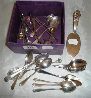 Lot 412 - Two part sets of silver teaspoons initialled EAM, two pairs of silver tongs, silver flatwares etc