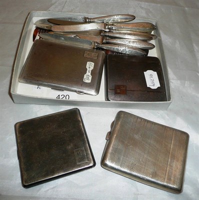 Lot 420 - Four silver cigarette cases with engine turned decoration, four fruit knives with silver blades...