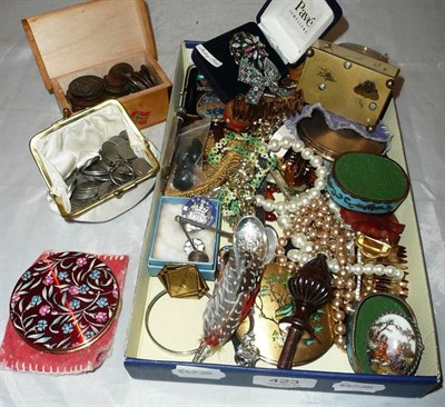 Lot 423 - Box of assorted costume jewellery, compacts, coins and other items, pair of decorative clip on...