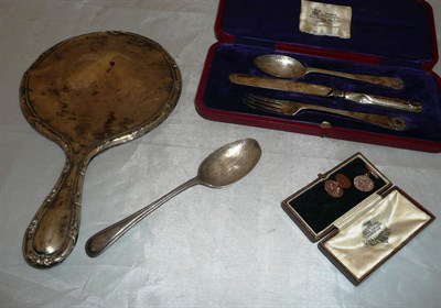 Lot 429 - A pair of gold cufflinks, a cased Christening set, a silver spoon and a silver mirror