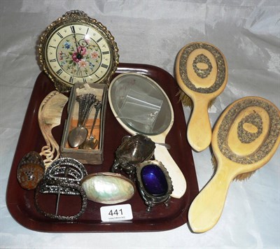 Lot 441 - Three 18th century buckles, a set of six silver souvenir spoons, a dressing table set, comb, a...