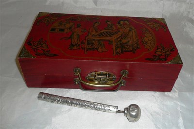 Lot 447 - An Oriental white metal parasol handle and a modern chess set