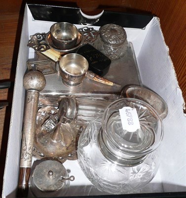 Lot 449 - A silver tea strainer, two silver egg cups and other silver and plated ware and two canes