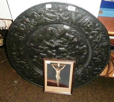 Lot 452 - A pair of large embossed brass chargers and a Baxter print 'The Crucifixion' (3)