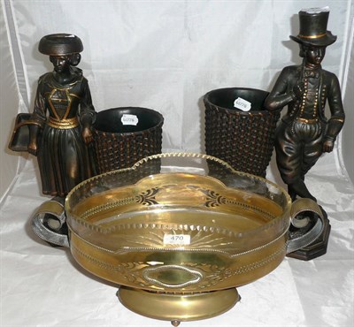 Lot 470 - WMF style oval plated two handled centrepiece with glass liner and a pair of pottery figures...