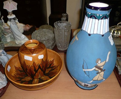 Lot 478 - Amphora vase decorated with a chariot on a blue ground, Chameleon ware pottery vase and bowl (3)