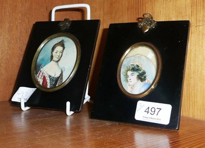 Lot 497 - Portrait miniature on ivory of a girl and another reputedly to be Queen Charlotte, both in ebonised