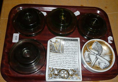 Lot 498 - Fornasetti book ashtray, Fornasetti pipe ashtray and four glass candle holders