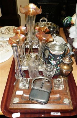 Lot 500 - Plated epergne with five glass trumpets, oak inkstand, silver sugar caster, plated wares and kidney