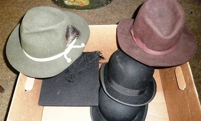 Lot 503 - Five hats comprising two bowlers, Loden, brown trilby and mortar board