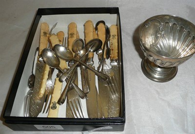 Lot 505 - A silver pedestal bowl, six silver teaspoons, a silver salt spoon, sugar tongs, butter knife...