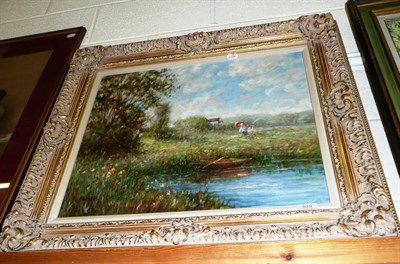 Lot 519 - Morris, figures with parasol in river landscape, oil on canvas