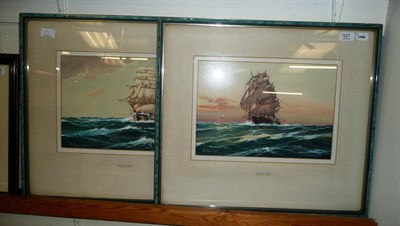 Lot 527 - A pair of gouaches by A D Bell, 1936, 'Western Glow' and 'Stormy Weather', clipper ships in an open