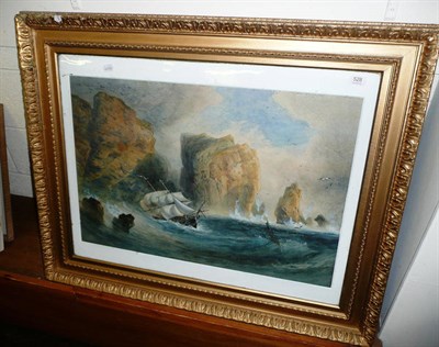 Lot 528 - Large framed watercolour, sailing boat on a rocky coastline