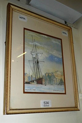 Lot 534 - Watercolour 'Medway 1926' ship and building, bears signature Rowland Hilder