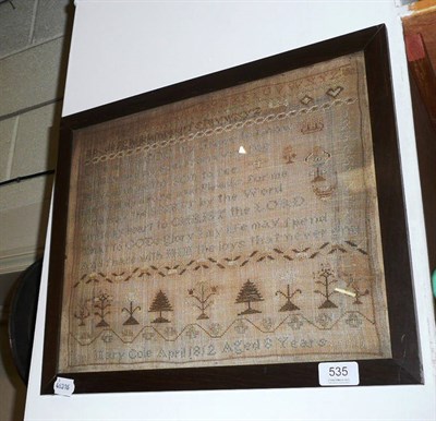 Lot 535 - Framed sampler worked by Mary Cole, 1812