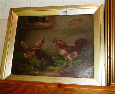 Lot 546 - Gilt framed oil on board, hens pecking, signed E S England