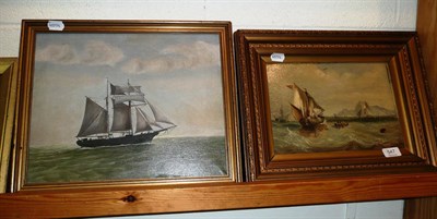 Lot 547 - Gilt framed oil on board sailing boat and another later oil (2)