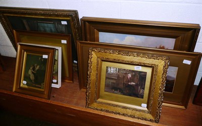 Lot 549 - Assorted pictures and prints including oil of an ice skating scene, oil of cattle watering, gouache