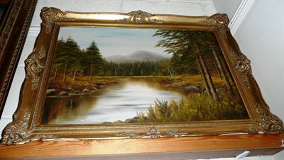 Lot 553 - A modern framed oil of a river landscape in a gilt frame, signed T Jahner, two others smaller...