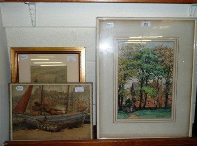 Lot 556 - Three framed watercolours by Jas Atherton; boats in a harbour dated 1910, 'Under the Trees' (a...