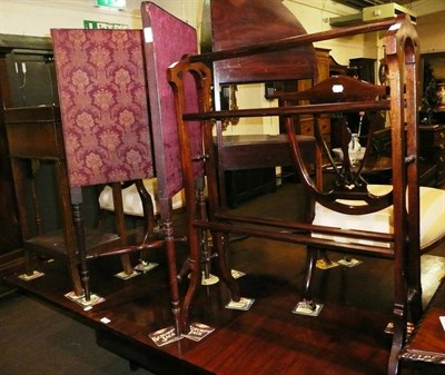 Lot 633 - Towel rail, oak jewellery box on stand and two fold screen