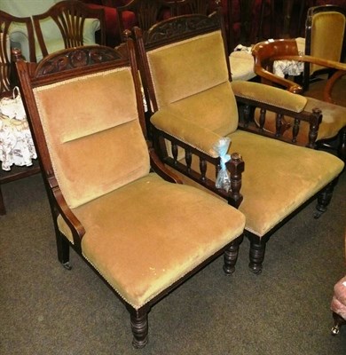 Lot 682 - A Victorian oak framed velvet upholstered gent's open armchair and a similar nursing chair