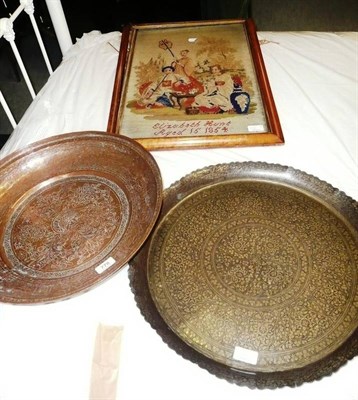 Lot 778 - A framed woolwork sampler by Elizabeth Hunt, age 15, 1854 and a copper bowl and a brass tray