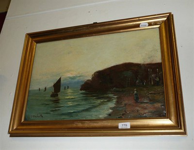 Lot 779 - J Docherty, oil coastal scene herring boats