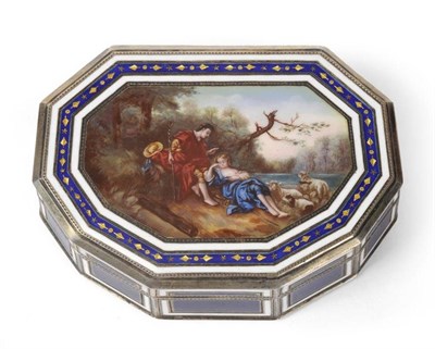 Lot 499 - A Fine Swiss Silver and Enamel Snuff Box, late 19th century, of cartouche form delicately enamelled