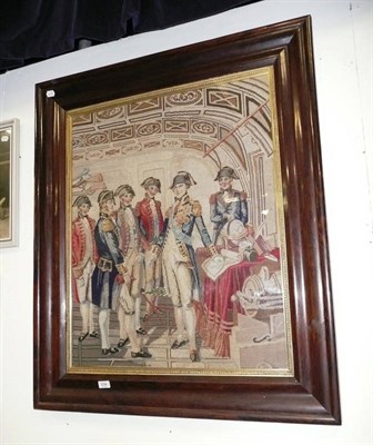 Lot 834 - Large rosewood framed woolwork picture, depicting gents in military costume