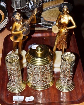 Lot 1 - Pair of Deco gilt spelter figures, brass tobacco box and a pair of spill vases