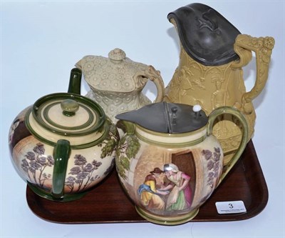 Lot 3 - Ridgeway stoneware jug with knights on horseback and Don pottery jug and lid, Macintyre Cries...