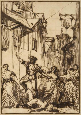 Lot 510 - Circle of Eugène Delacroix (1798-1863) A bawdy street scene Pen and ink, 19cm by 14cm