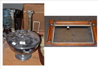 Lot 11 - A pair of plated candlesticks, plated pedestal tureen and cover, a ladle and mahogany...