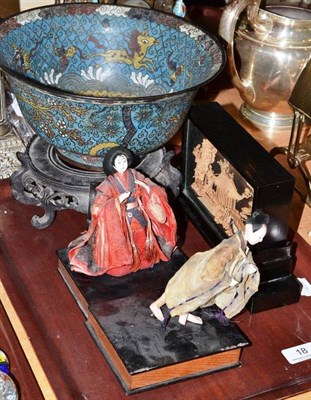 Lot 18 - Cloisonne enamel bowl and later hardwood stand, a cork figural group and two Japanese figures