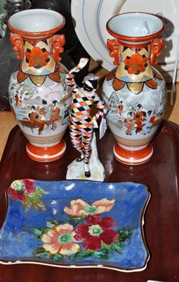 Lot 35 - A Samson Harlequin figure, pair of Kutani Ware vases and a Doulton faience plate