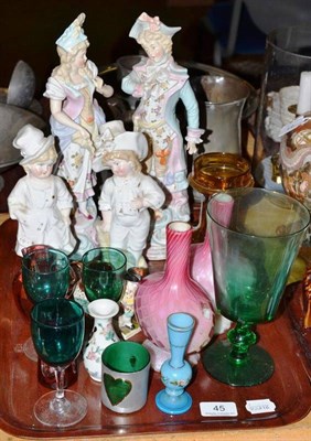 Lot 45 - Tray including two pairs of bisque figures, pair of satin glass vases, coloured glass vases,...